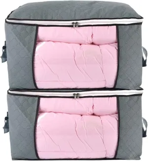 combocube Comforter Storage Bag, Jumbo Zippered Bag with Large Clear Window and Carry Handles, Space Saver Organizers for Closet, Blanket, Pillow, Quilt, Bedding, Clothes (2Pcs Grey Large)