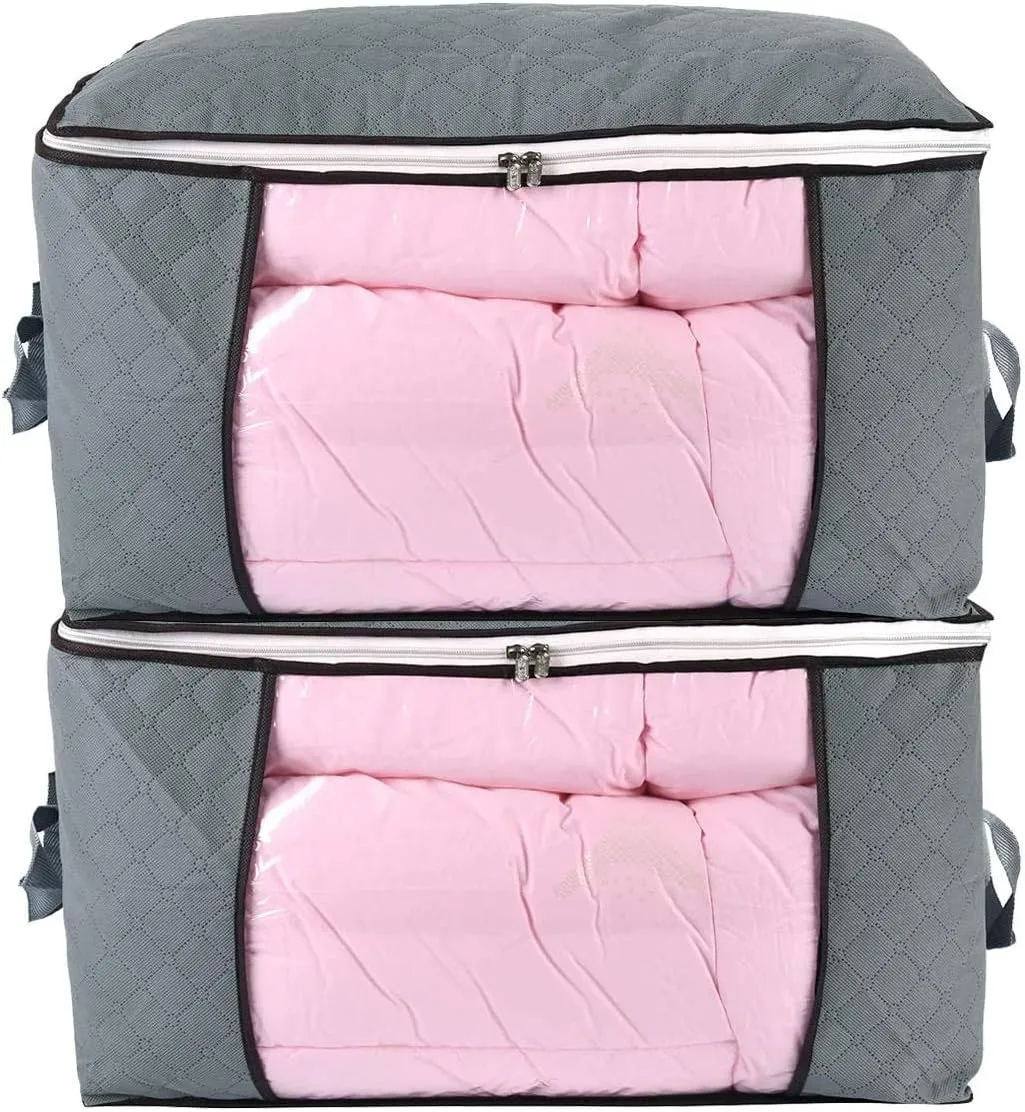 combocube Comforter Storage Bag, Jumbo Zippered Bag with Large Clear Window and Carry Handles, Space Saver Organizers for Closet, Blanket, Pillow, Quilt, Bedding, Clothes (2Pcs Grey Large)