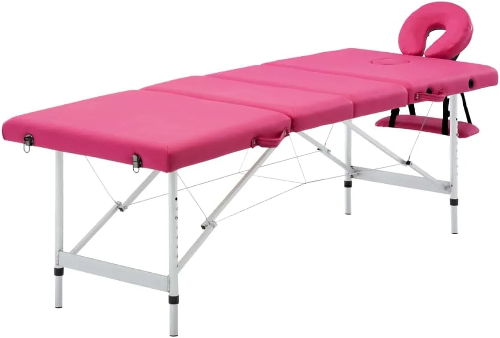 Comfortable and Portable Foldable Massage Table with Adjustable Height, 4 Zones, Pink Faux Leather, Aluminum Frame