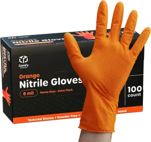 Comfy Package [100 Count 8 Mil HEAVY DUTY Disposable Orange Nitrile Gloves Heavy-Duty, Industrial, Diamond Texture