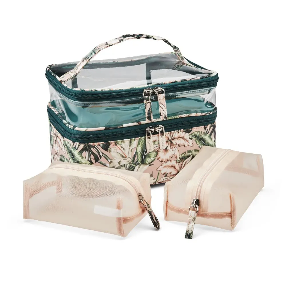 Conair Travel Makeup Bag, Large Toiletry and Cosmetic Bag, Perfect Size for Use At Home or Travel, Three Piece Train Case Set in Tropical Print