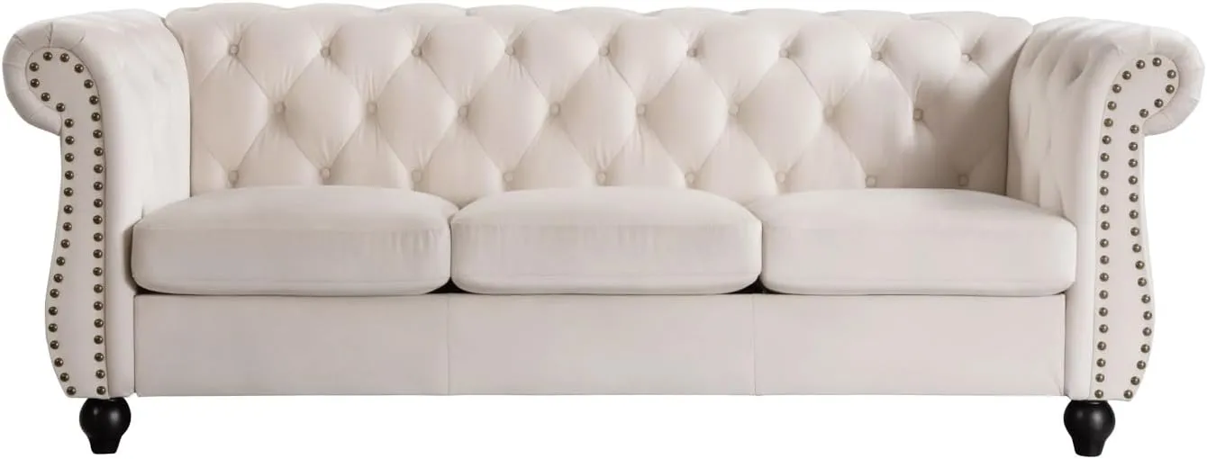 Container Furniture Velvet Chesterfield Couch, Button-Tufted Backrest, Rolled Arms, High-Density Foam with Spring Support, Elegant Accent Piece, Sofa, Ivory