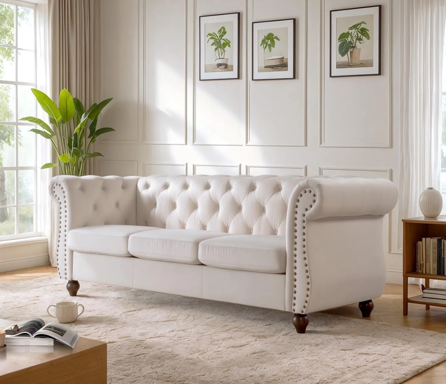 Container Furniture Velvet Chesterfield Couch, Button-Tufted Backrest, Rolled Arms, High-Density Foam with Spring Support, Elegant Accent Piece, Sofa, Ivory