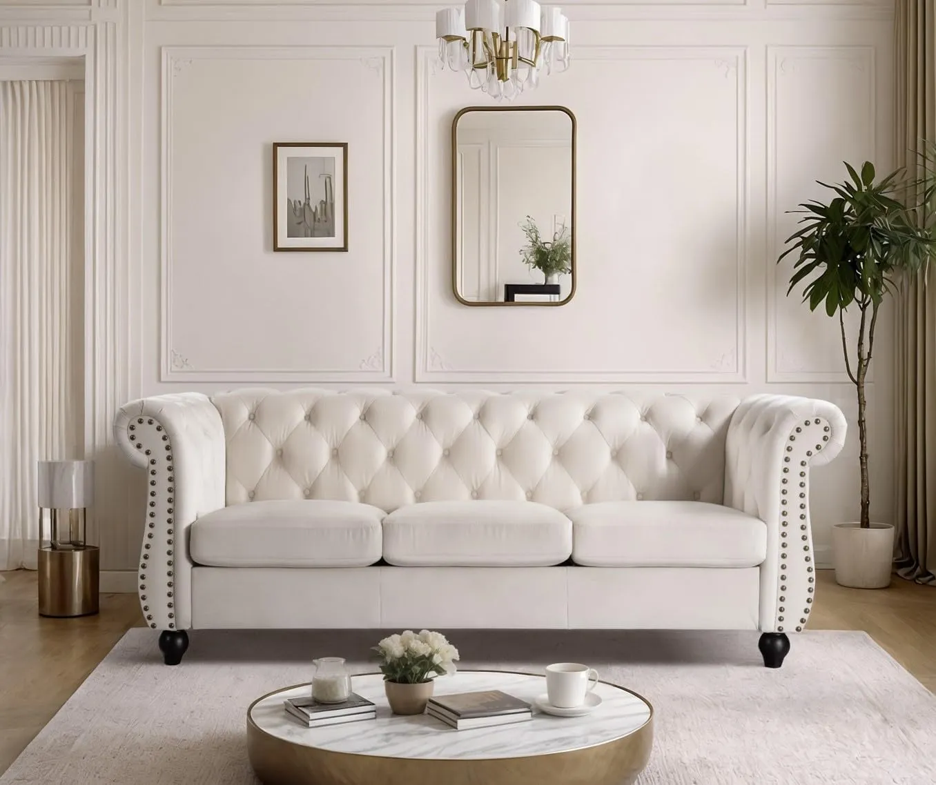 Container Furniture Velvet Chesterfield Couch, Button-Tufted Backrest, Rolled Arms, High-Density Foam with Spring Support, Elegant Accent Piece, Sofa, Ivory