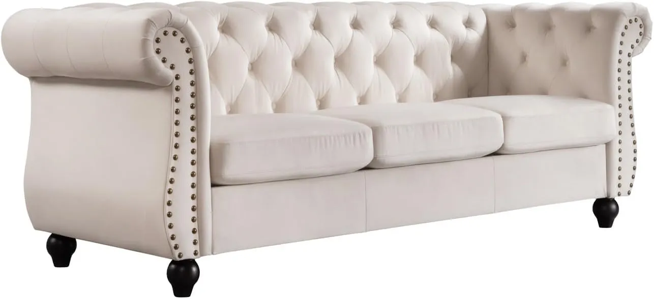 Container Furniture Velvet Chesterfield Couch, Button-Tufted Backrest, Rolled Arms, High-Density Foam with Spring Support, Elegant Accent Piece, Sofa, Ivory