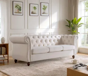 Container Furniture Velvet Chesterfield Couch, Button-Tufted Backrest, Rolled Arms, High-Density Foam with Spring Support, Elegant Accent Piece, Sofa, Ivory