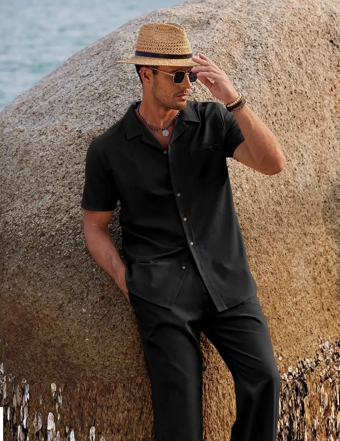 COOFANDY Men 2 Piece Linen Outfit Beach Button Down Shirt Casual Loose Pant Sets