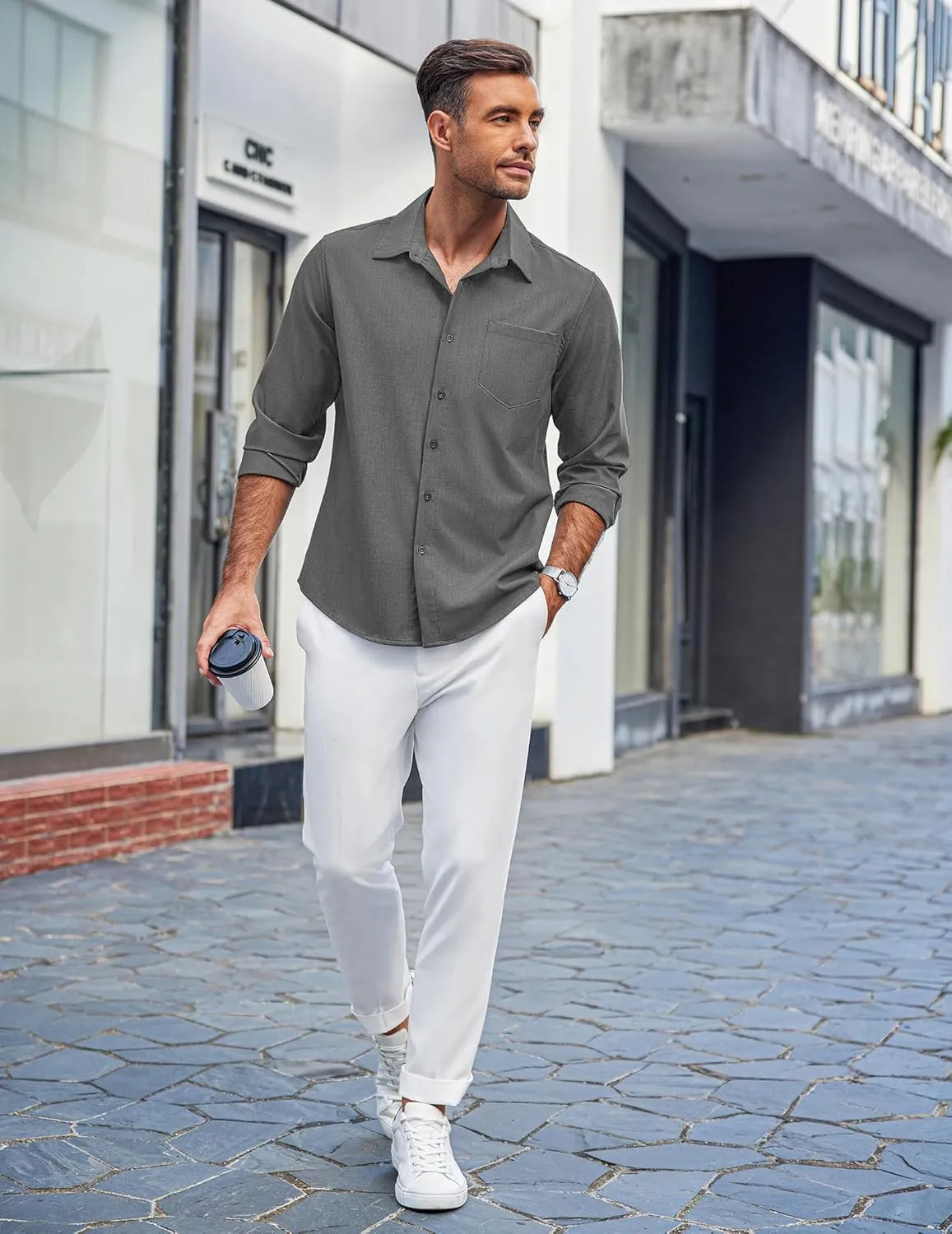 COOFANDY Men's Casual Button Down Shirts Long Sleeve Untucked Shirts Regular Fit Linen Shirt