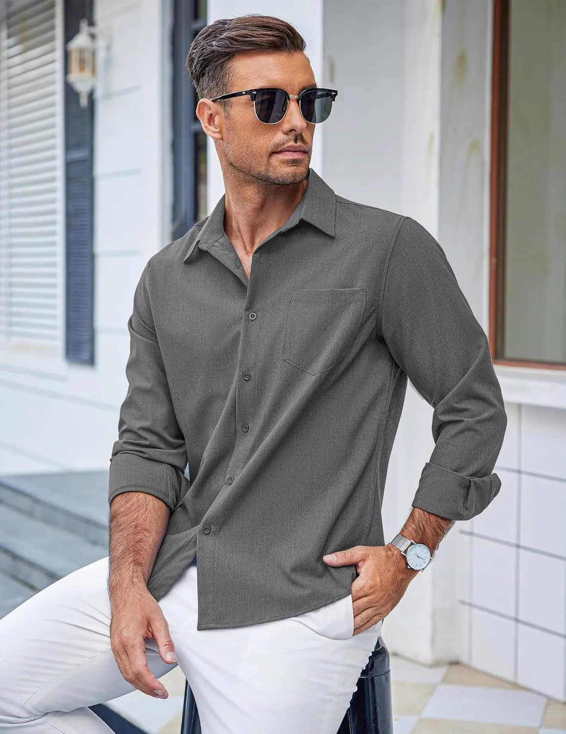 COOFANDY Men's Casual Button Down Shirts Long Sleeve Untucked Shirts Regular Fit Linen Shirt