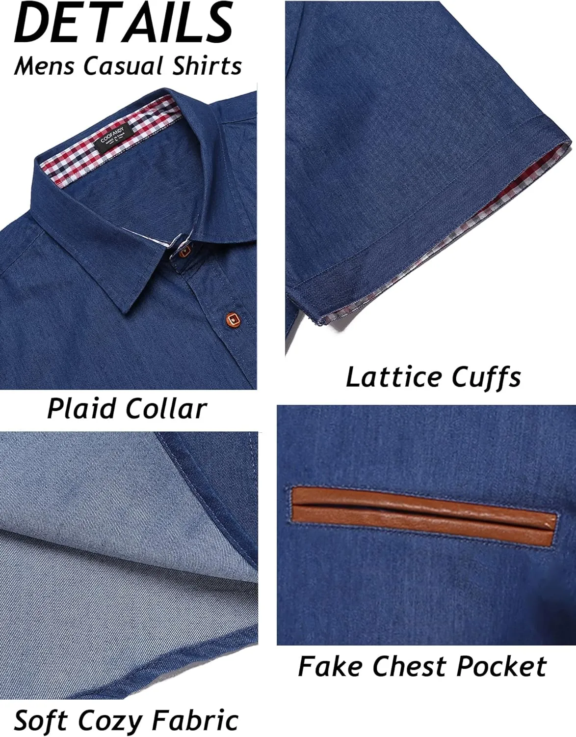 COOFANDY Men's Casual Cotton Short Sleeve Button Down Dress Shirt Plaid Collar Denim Work Shirts
