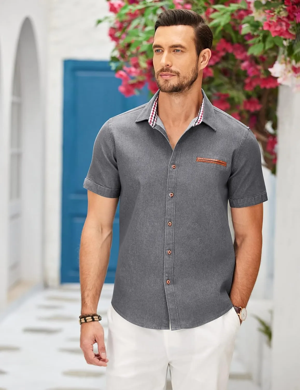 COOFANDY Men's Casual Cotton Short Sleeve Button Down Dress Shirt Plaid Collar Denim Work Shirts