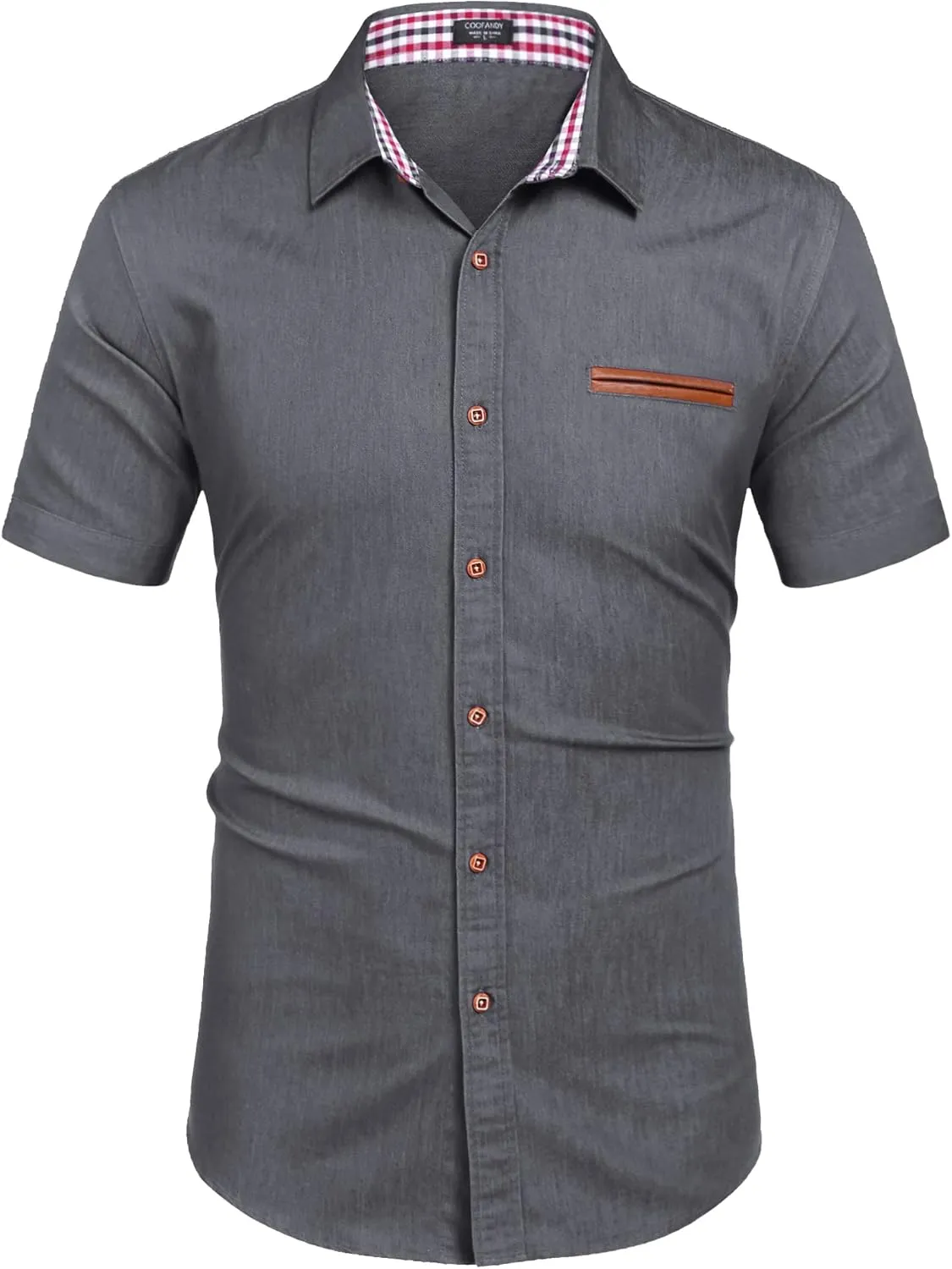 COOFANDY Men's Casual Cotton Short Sleeve Button Down Dress Shirt Plaid Collar Denim Work Shirts