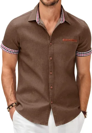 COOFANDY Men's Casual Cotton Short Sleeve Button Down Dress Shirt Plaid Collar Denim Work Shirts