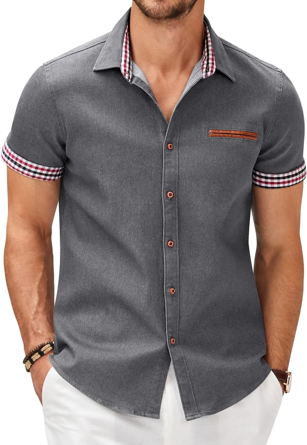COOFANDY Men's Casual Cotton Short Sleeve Button Down Dress Shirt Plaid Collar Denim Work Shirts