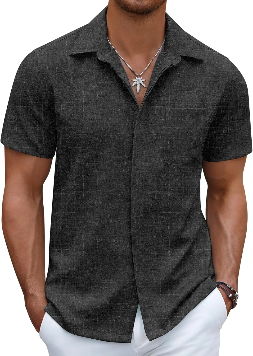 COOFANDY Mens Linen Shirt Casual Short Sleeve Button Down Shirt Summer Beach Vacation Wedding Wear