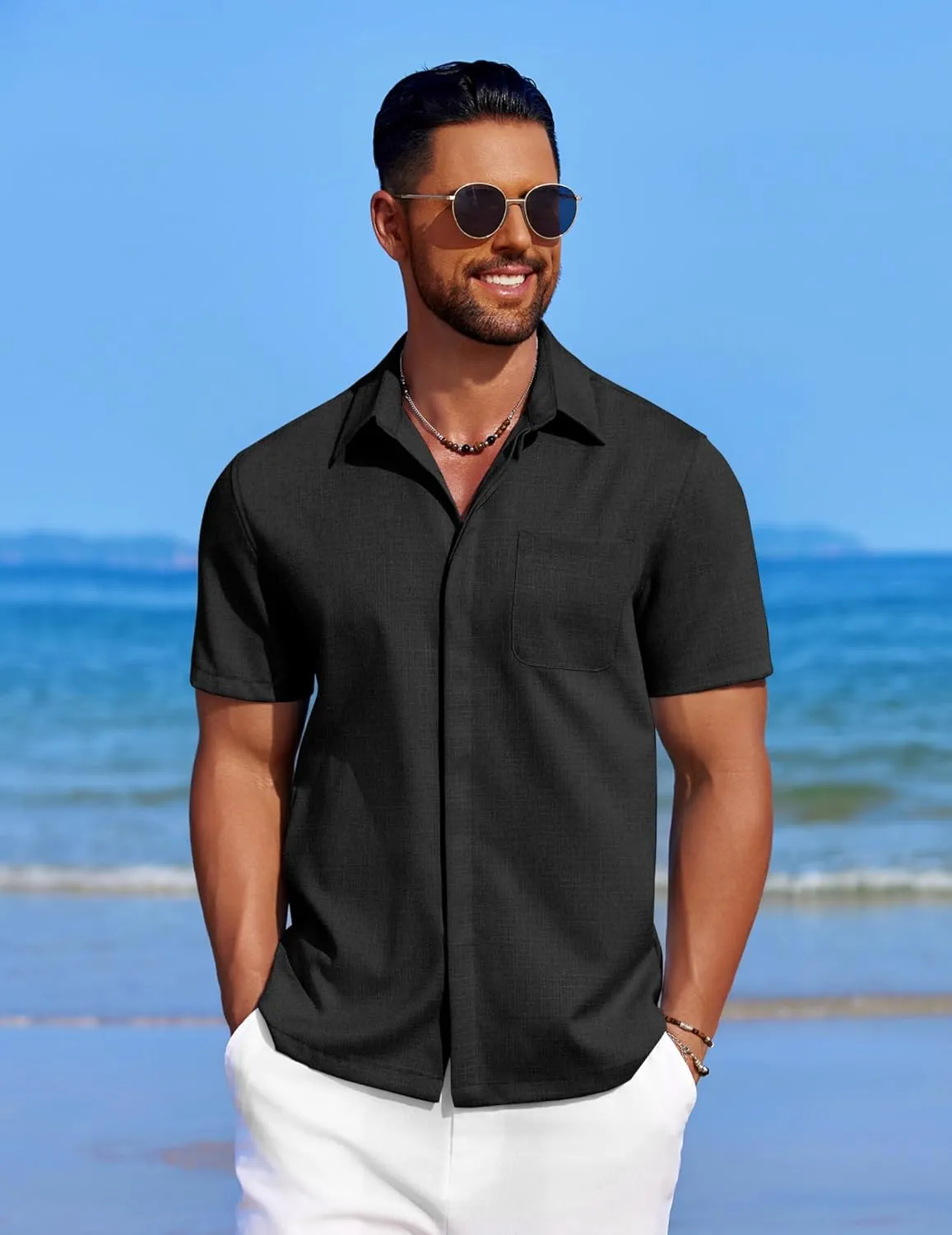 COOFANDY Mens Linen Shirt Casual Short Sleeve Button Down Shirt Summer Beach Vacation Wedding Wear