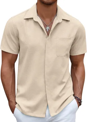 COOFANDY Mens Linen Shirt Casual Short Sleeve Button Down Shirt Summer Beach Vacation Wedding Wear