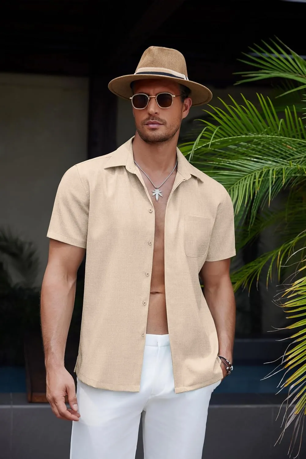 COOFANDY Mens Linen Shirt Casual Short Sleeve Button Down Shirt Summer Beach Vacation Wedding Wear