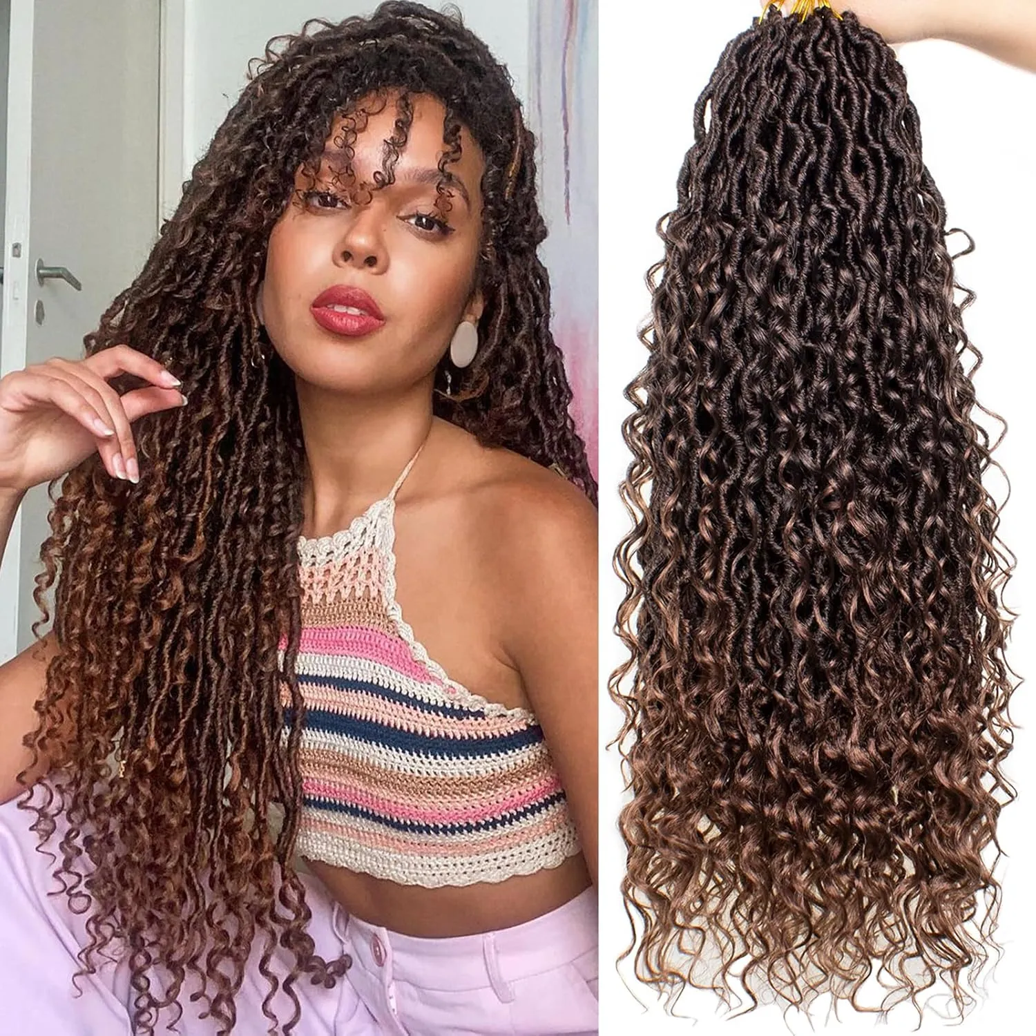 COOKOO 24 Inch 8 PCS Pre-Curled Goddess Faux Locs Crochet Hair With Curly Ends - Bohemian River Locs Braids for Women, Ombre Brown Hippie Synthetic Crochet Braids T30#