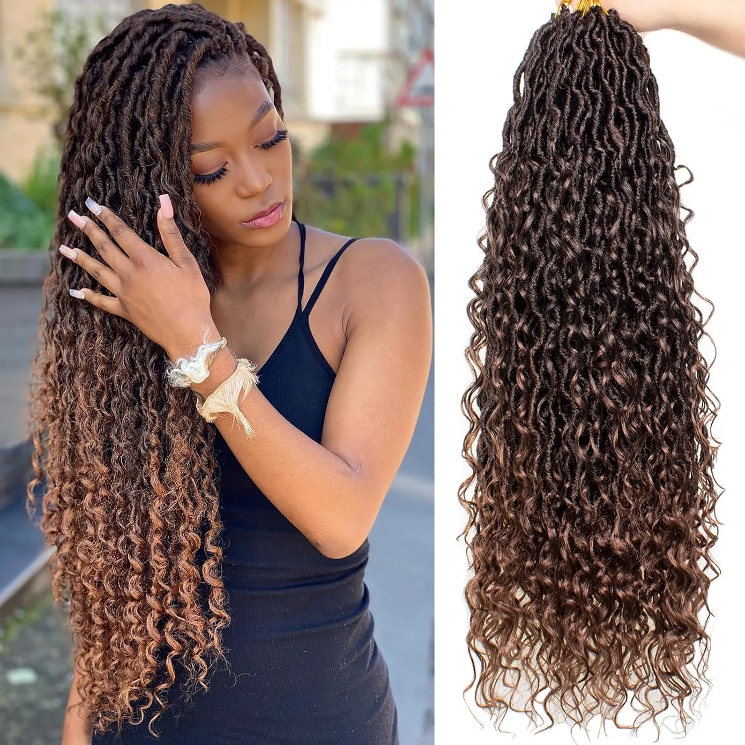 COOKOO 30 Inch Goddess Locs Crochet Hair 8 Packs Ombre Brown Faux Locs Crochet Hair for Women Synthetic River Locs Crochet Hair Pre Looped Bohemian Hippie Locs Hair Extensions T30#