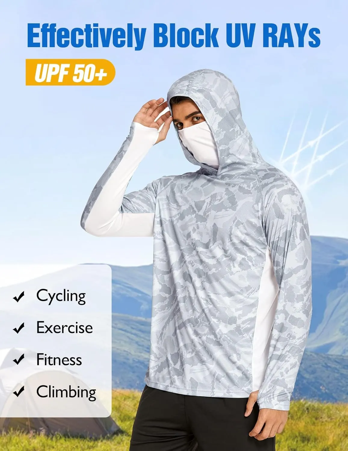 COOrun Men's Hooded Sun Shirts with Mask Fishing Shirts for Men Long Sleeve UPF 50 Rash Guards Cooling Hoodies Hiking Shirts