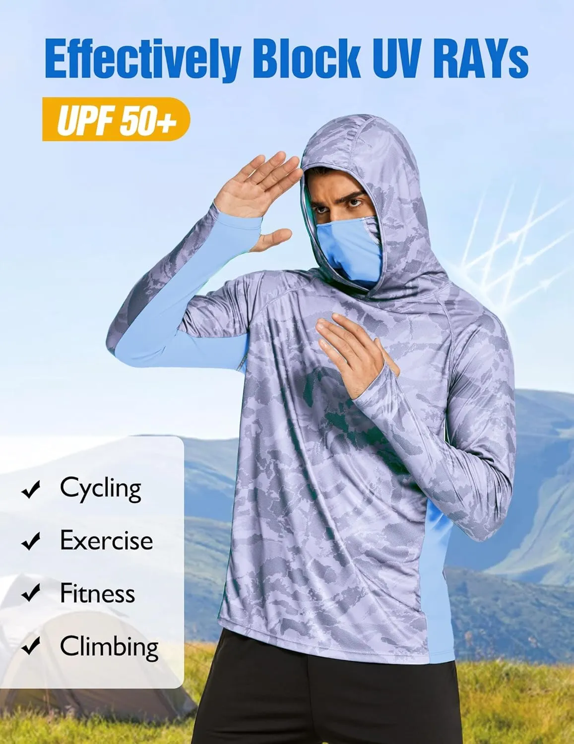 COOrun Men's Hooded Sun Shirts with Mask Fishing Shirts for Men Long Sleeve UPF 50 Rash Guards Cooling Hoodies Hiking Shirts