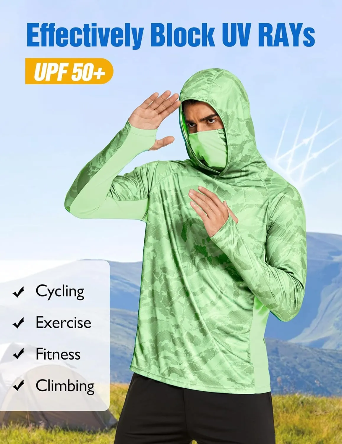 COOrun Men's Hooded Sun Shirts with Mask Fishing Shirts for Men Long Sleeve UPF 50 Rash Guards Cooling Hoodies Hiking Shirts