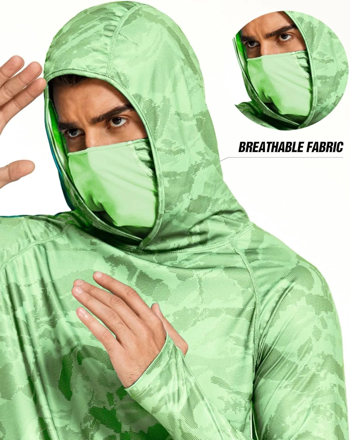 COOrun Men's Hooded Sun Shirts with Mask Fishing Shirts for Men Long Sleeve UPF 50 Rash Guards Cooling Hoodies Hiking Shirts