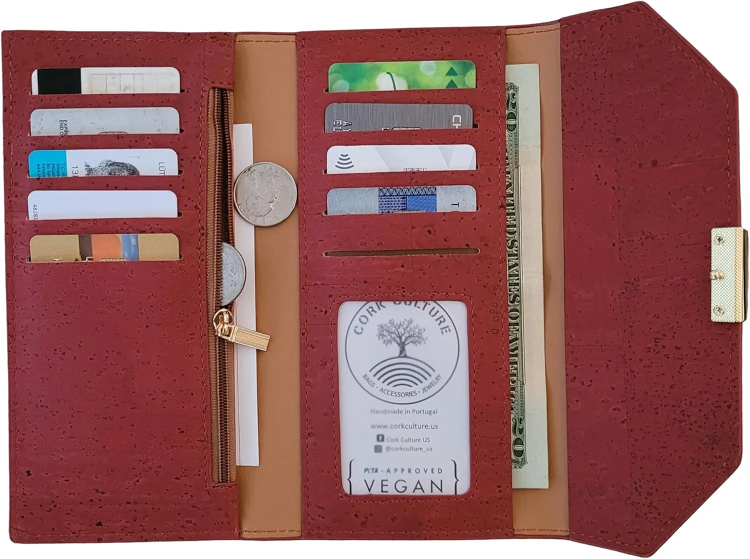 Cork RFID Threefold Wallet Natural Cork zipper women wallet purse Eco Friendly Gift Vegan pouch (Red)