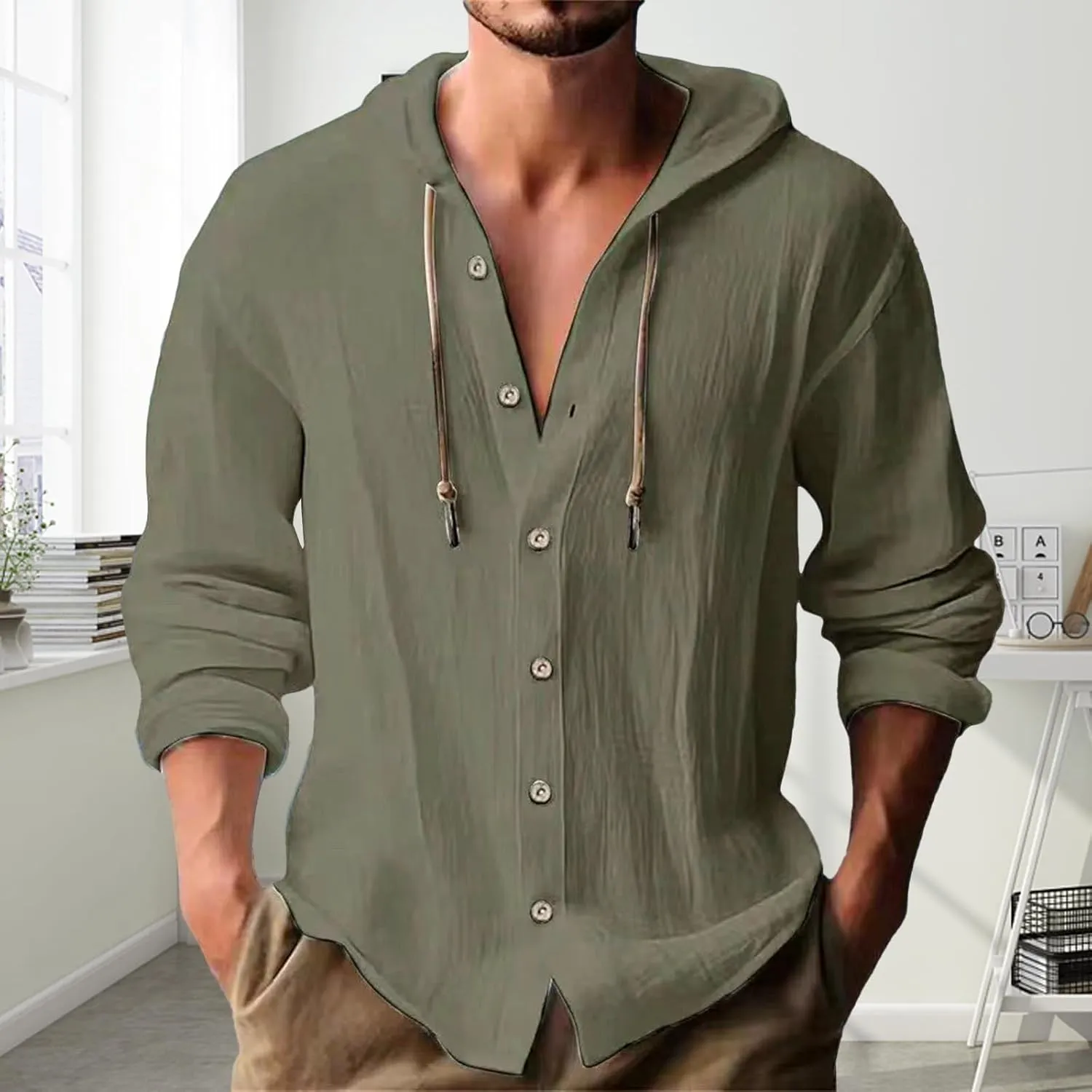 Cotton Hoodie for Mens Long Sleeve Linen Button Down Shirt Summer Casual Hawaiian Beach Tops Lightweight Work Tshirt