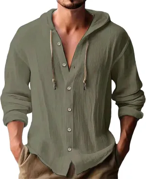 Cotton Hoodie for Mens Long Sleeve Linen Button Down Shirt Summer Casual Hawaiian Beach Tops Lightweight Work Tshirt