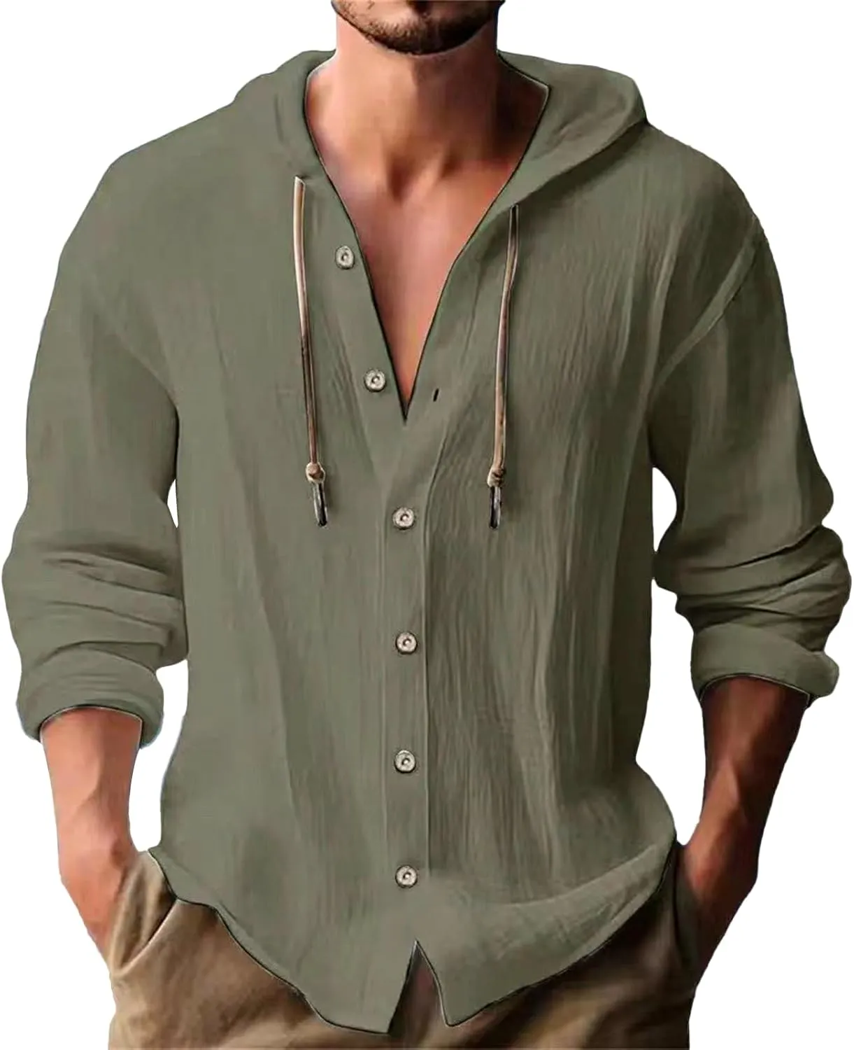 Cotton Hoodie for Mens Long Sleeve Linen Button Down Shirt Summer Casual Hawaiian Beach Tops Lightweight Work Tshirt