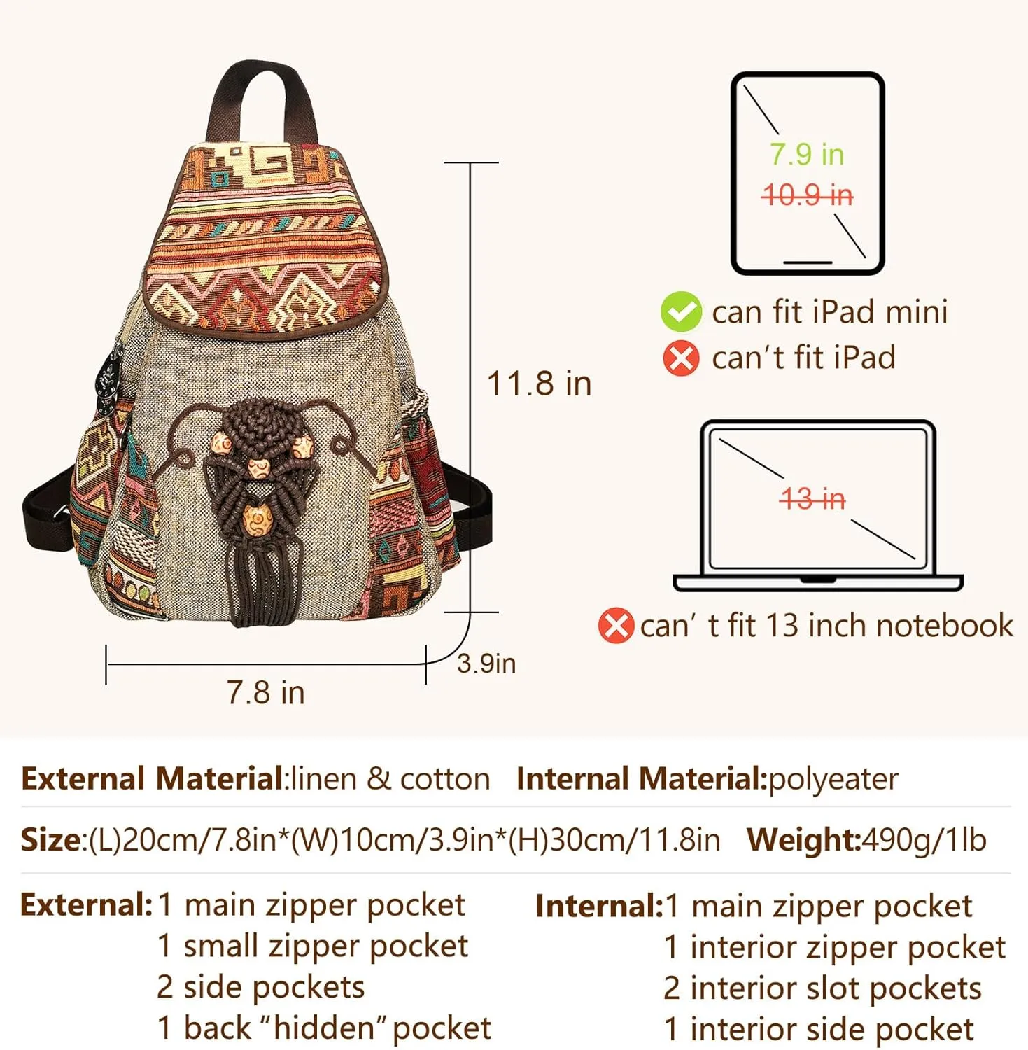 Cotton Small Backpack Purse Fashion Hand Knitting Mini Casual Chest Bag for Women(bohemian)