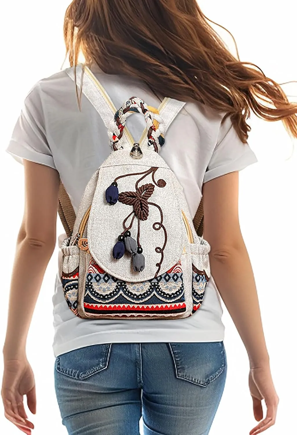 Cotton Small Backpack Purse Fashion Hand Knitting Mini Casual Chest Bag for Women(grey/bud)