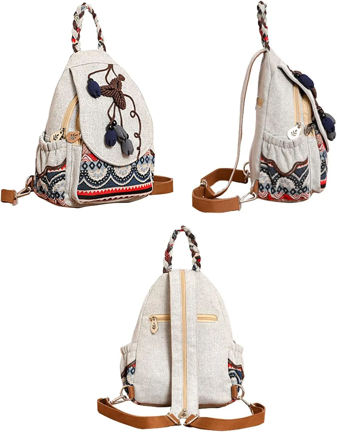 Cotton Small Backpack Purse Fashion Hand Knitting Mini Casual Chest Bag for Women(grey/bud)