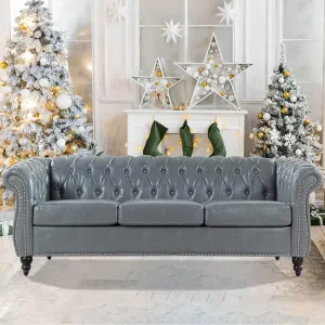 Couches for Living Room Chesterfield Sofa Tufted Faux Leather 84" Rolled Arm 3-Seater Couch Deep Button Nailhead Upholstered Couch High-End Furniture Easy to Assemble (Gray)