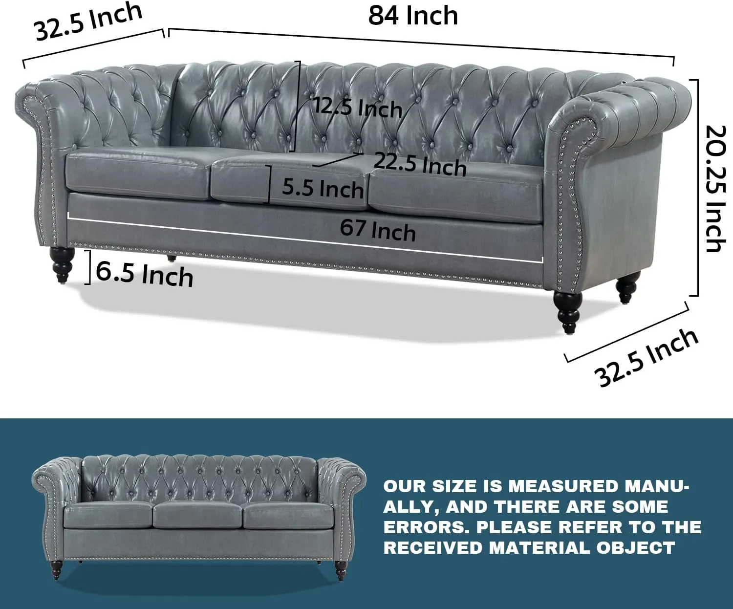 Couches for Living Room Chesterfield Sofa Tufted Faux Leather 84" Rolled Arm 3-Seater Couch Deep Button Nailhead Upholstered Couch High-End Furniture Easy to Assemble (Gray)