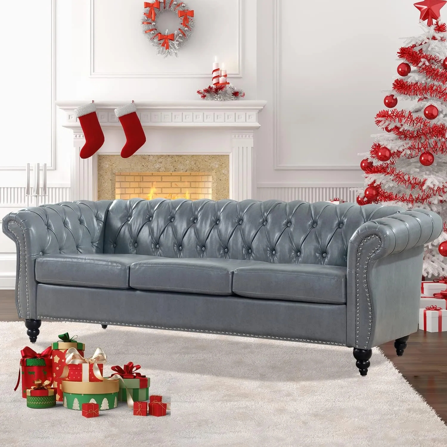 Couches for Living Room Chesterfield Sofa Tufted Faux Leather 84" Rolled Arm 3-Seater Couch Deep Button Nailhead Upholstered Couch High-End Furniture Easy to Assemble (Gray)