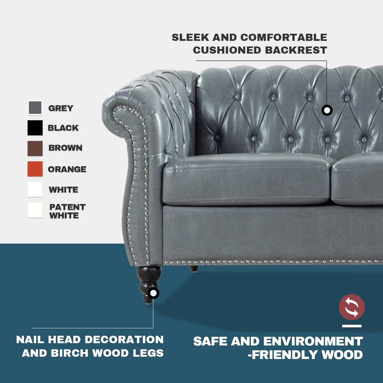Couches for Living Room Chesterfield Sofa Tufted Faux Leather 84" Rolled Arm 3-Seater Couch Deep Button Nailhead Upholstered Couch High-End Furniture Easy to Assemble (Gray)