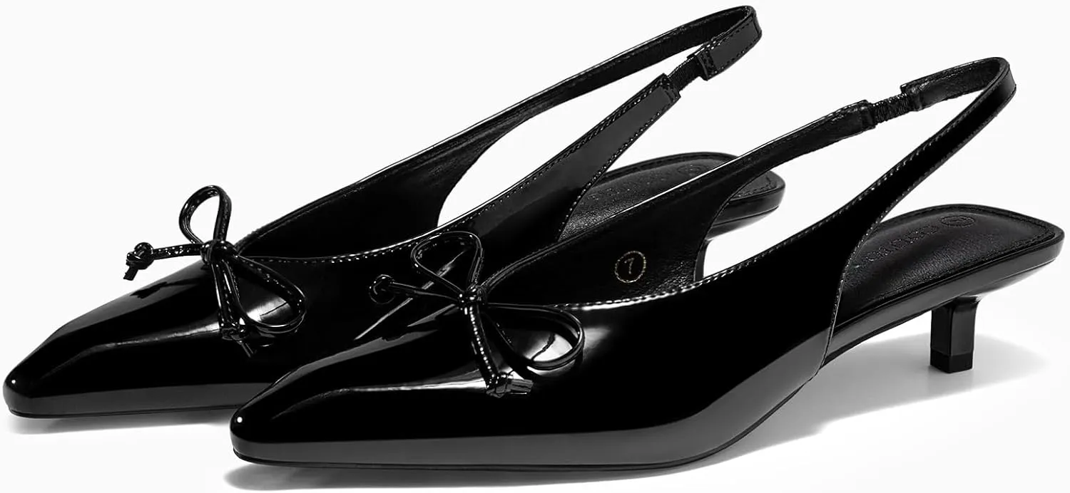 Coutgo Womens Slingback Kitten Low Heels Dress Shoes Closed Pointed Toe Bow Tie Slip on Office Work Pumps