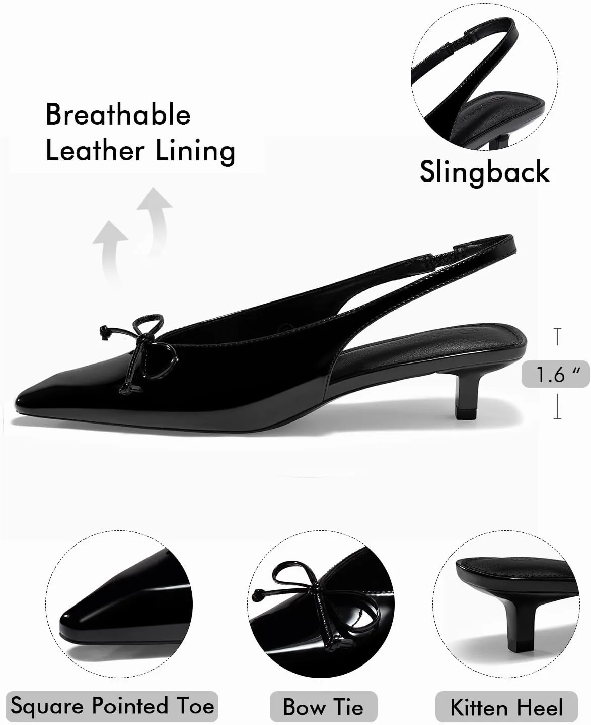 Coutgo Womens Slingback Kitten Low Heels Dress Shoes Closed Pointed Toe Bow Tie Slip on Office Work Pumps