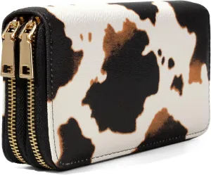Cow Print Wallet for Women Western Highland Purse Cow Stuff Gifts Double Zipper Ladies Large Capacity Credit Card Holder (Brown Cow)