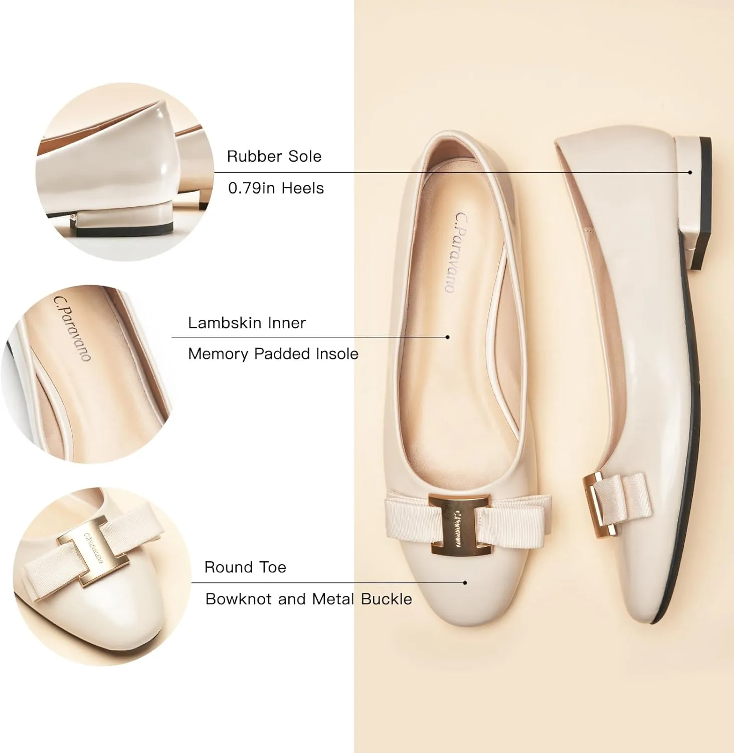C.Paravano Women's Ballet Flats | Round Toe Bow Accent Shoes with Metallic Buckle | Soft Leather Slip-Ons for Work Commute, Office & Date Nights，Evening Events, Business Travel & Dating