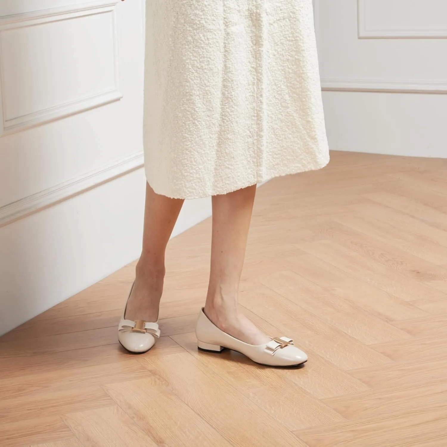 C.Paravano Women's Ballet Flats | Round Toe Bow Accent Shoes with Metallic Buckle | Soft Leather Slip-Ons for Work Commute, Office & Date Nights，Evening Events, Business Travel & Dating