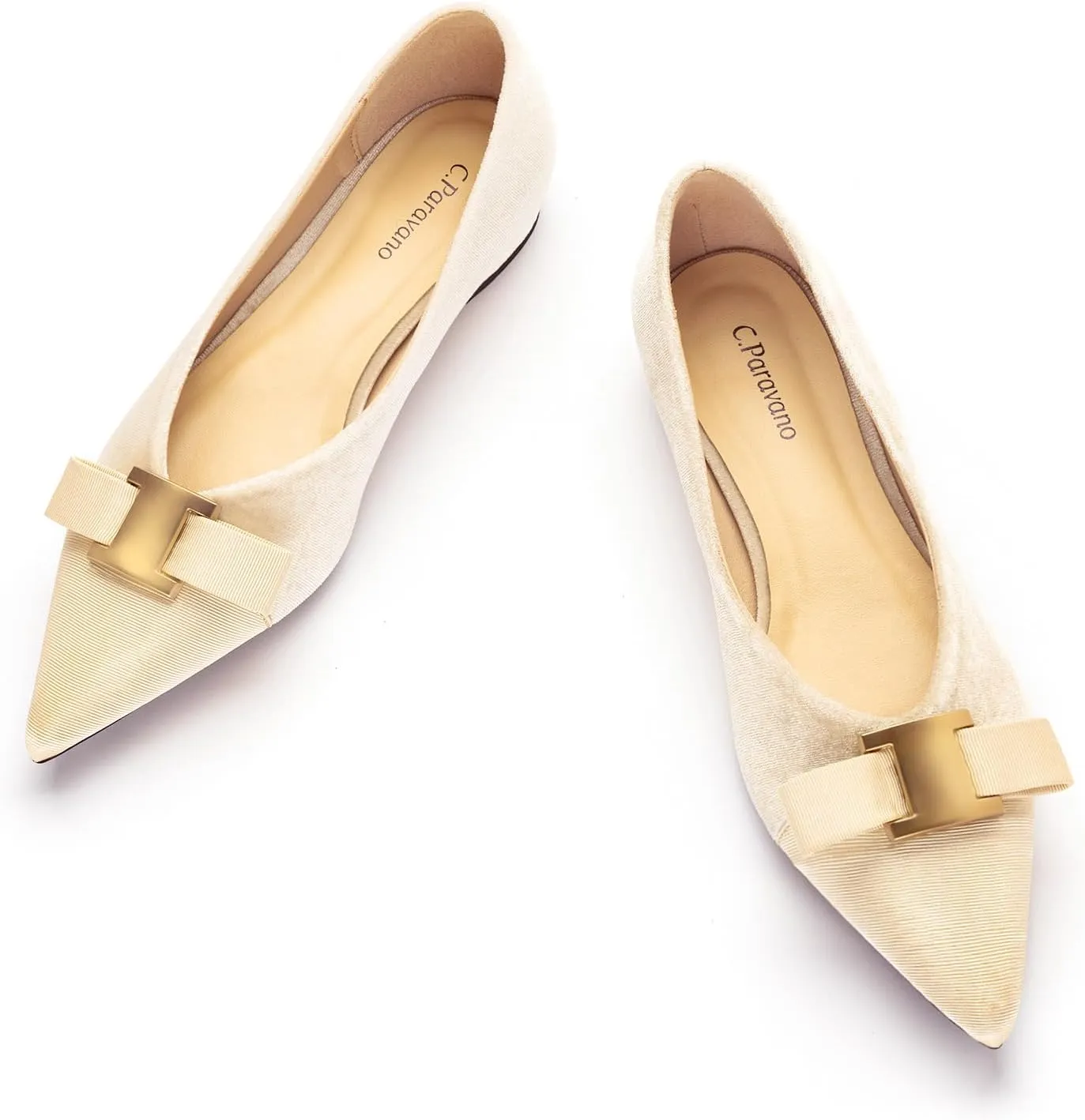 C.Paravano Women's Pointed Toe Ballet Flats with Bow Slip-On Dressy Flats for Women Comfortable Elegant Casual Shoes for Work Part Daily Wear(Beige,Velvet,Size 10.5)