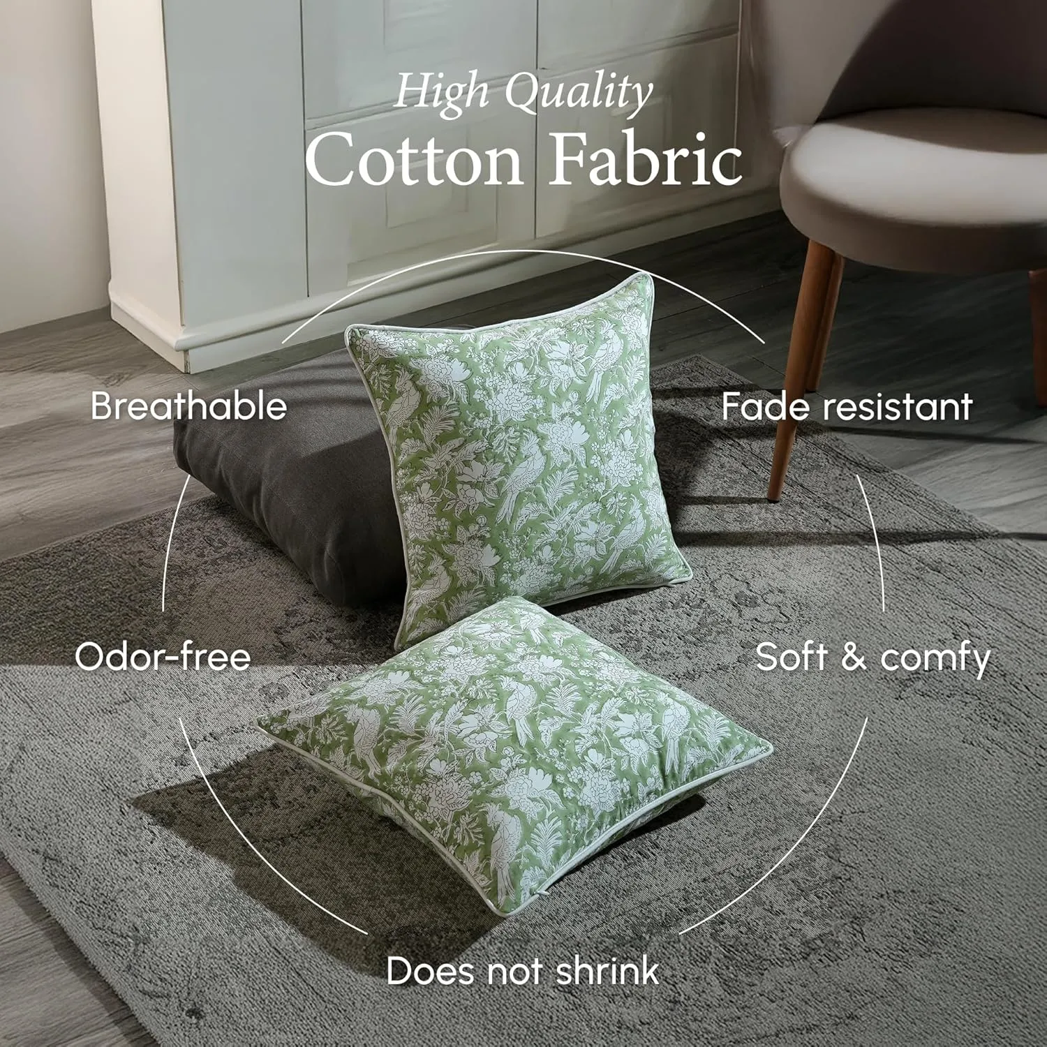 CPC 100% Cotton Throw Pillow Covers 16X16 Green Block Print Pattern Couch Pillow, Cute Boho Decorative Pillows for Living Room, Bedroom with Hidden Zipper- Olive Green