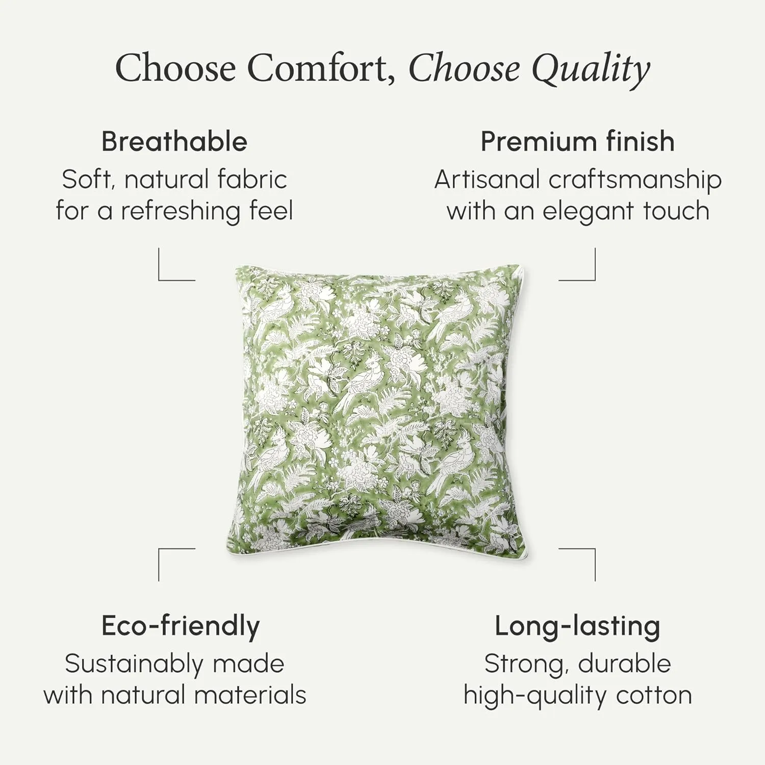 CPC 100% Cotton Throw Pillow Covers 16X16 Green Block Print Pattern Couch Pillow, Cute Boho Decorative Pillows for Living Room, Bedroom with Hidden Zipper- Olive Green