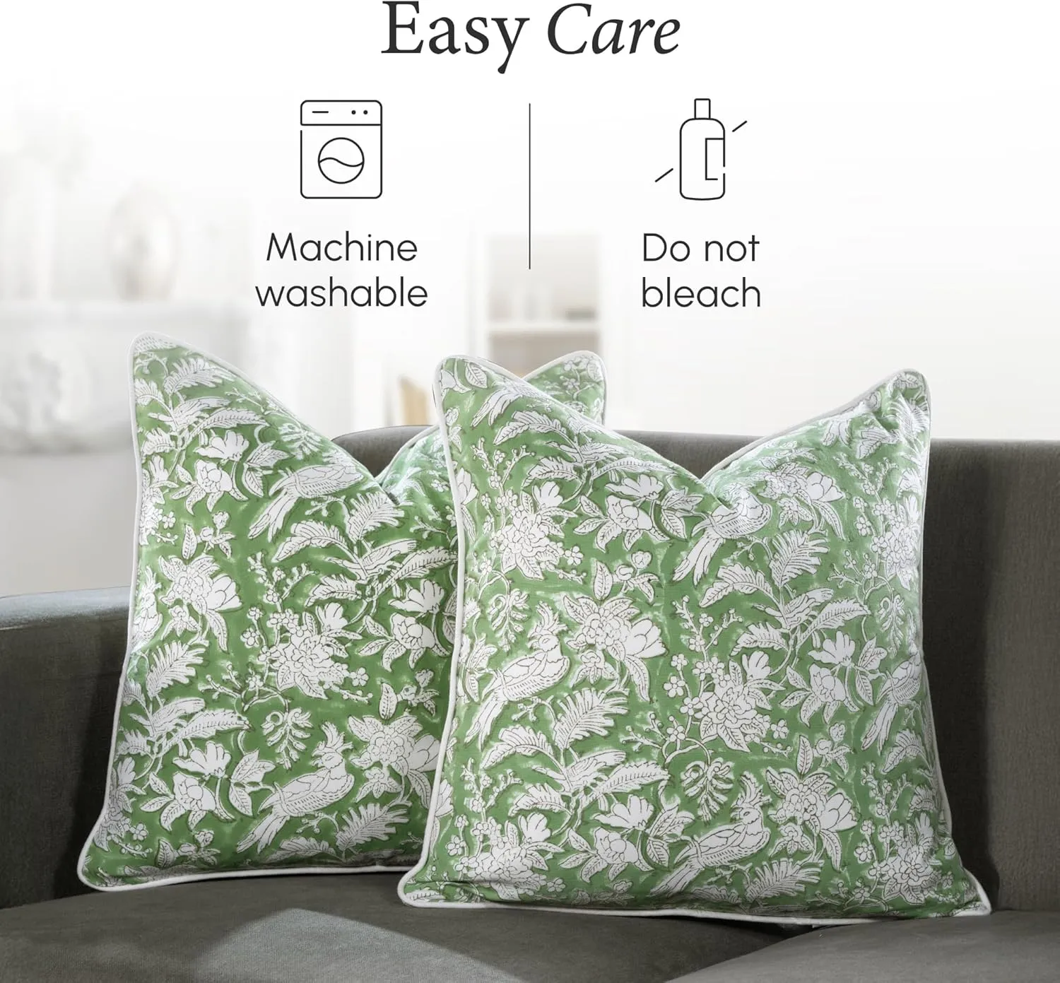 CPC 100% Cotton Throw Pillow Covers 16X16 Green Block Print Pattern Couch Pillow, Cute Boho Decorative Pillows for Living Room, Bedroom with Hidden Zipper- Olive Green