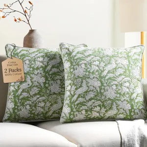CPC 100% Cotton Throw Pillow Covers 16X16 Green Block Print Pattern Couch Pillow, Cute Boho Decorative Pillows for Living Room, Bedroom with Hidden Zipper- Olive Green