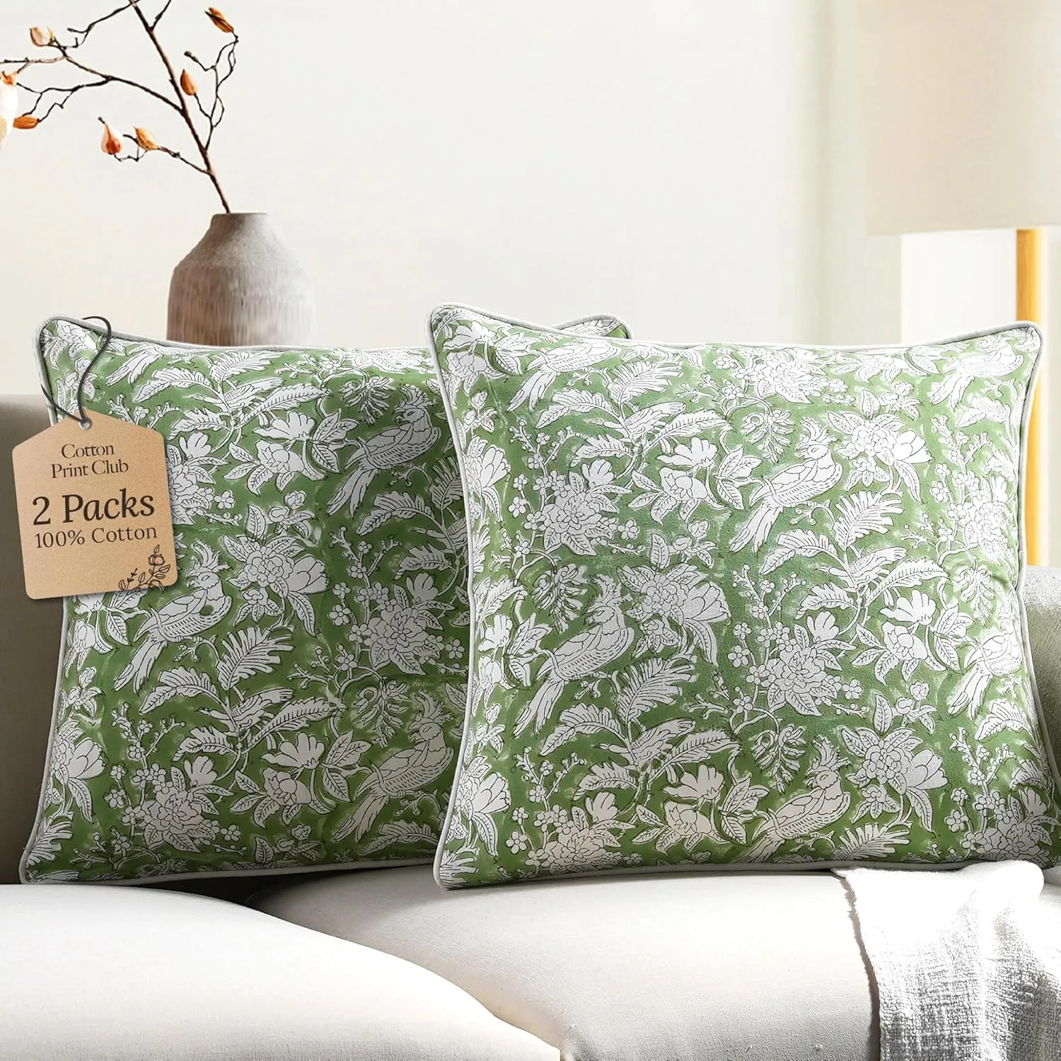 CPC 100% Cotton Throw Pillow Covers 16X16 Green Block Print Pattern Couch Pillow, Cute Boho Decorative Pillows for Living Room, Bedroom with Hidden Zipper- Olive Green